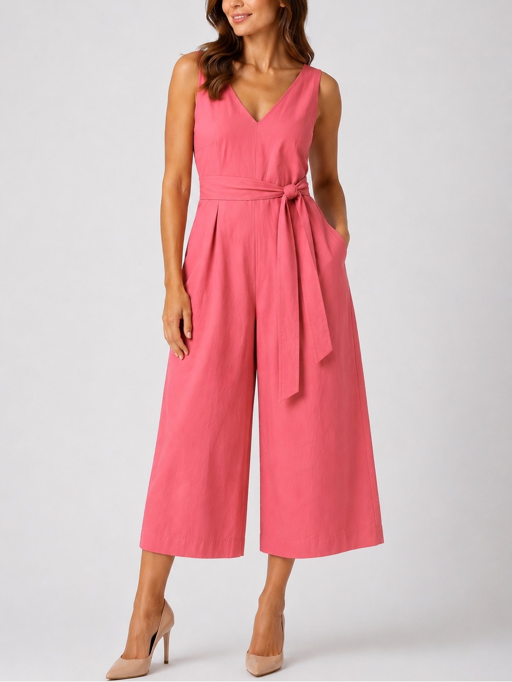 J. Crew Wrap Tie Sash V-Neck Pink Coral Poplin Wide Leg Jumpsuit Size 4 - Picture 3 of 9